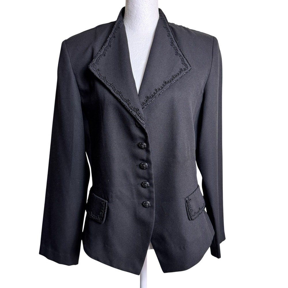 Karin Stevens Petite Women's Blazer Size 10 Black Embroidery‎ Faux Pockets